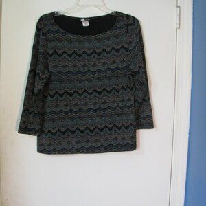 * 2/$15 First Option Blouse Large Greens Blues Glitter Metallic Threads